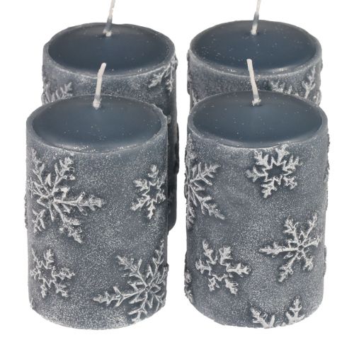 Floristik24 Velas pilares velas azuis flocos de neve 100/65mm 4 unidades