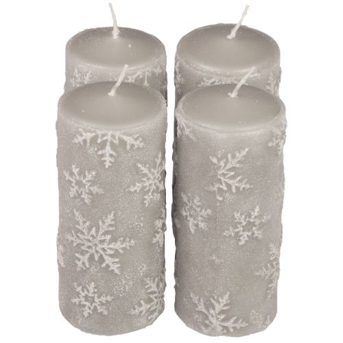 Floristik24 Velas pilares velas cinza flocos de neve 150/65mm 4 unidades