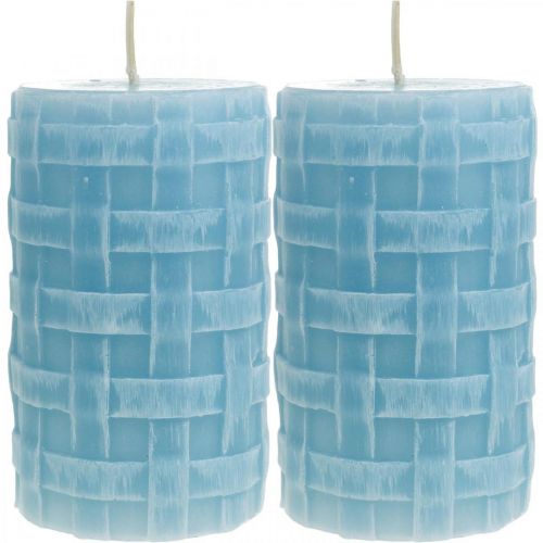 Floristik24 Padrão de cesta de velas de cera, velas em forma de coluna, velas Azul claro rústico 110/65 2 unidades