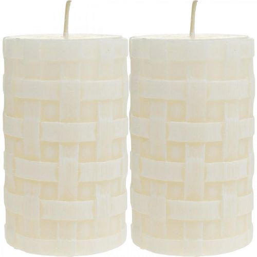 Floristik24 Velas rústicas, velas de cera branca, velas de pilar padrão de cesta 110/65 2 peças