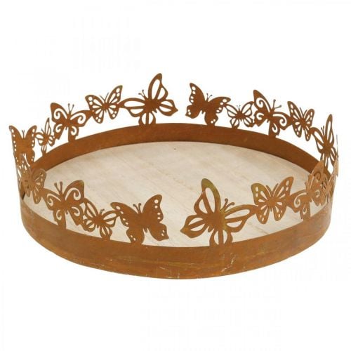 Bandeja com borboletas, mola, enfeites de mesa, decoração em metal pátina Ø20cm A6.5cm