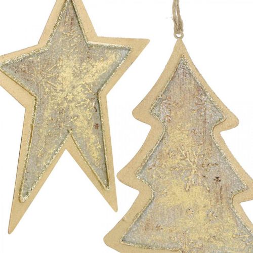 Itens Pingentes de metal de abeto e estrela, decorações para árvores de Natal, decoração de Natal dourada, aparência antiga H15.5 / 17cm 4 unidades