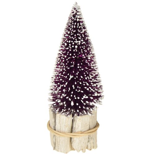 Floristik24 Árvore de Natal decorativa em roxo com ponta de neve sobre base de madeira rústica 15cm 3 peças.