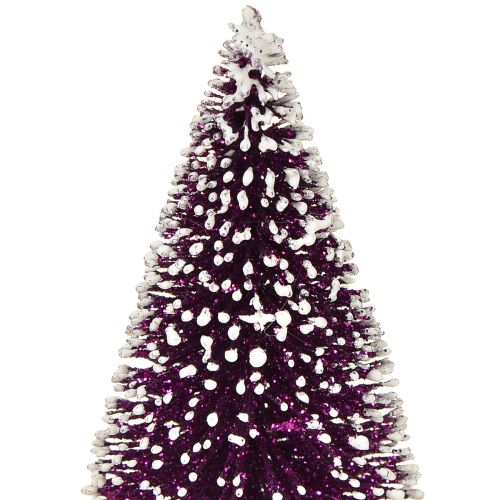 Itens Árvore de Natal decorativa em roxo com ponta de neve sobre base de madeira rústica 15cm 3 peças.