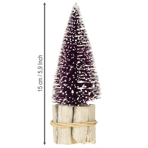 Itens Árvore de Natal decorativa em roxo com ponta de neve sobre base de madeira rústica 15cm 3 peças.