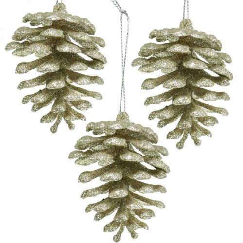 Floristik24 Decorações para árvores de Natal cones decorativos glitter champanhe Alt.7cm 6 unidades
