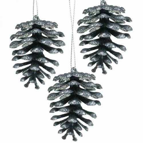 Floristik24 Enfeites de árvore de natal cones deco glitter antracite H7cm 6 peças