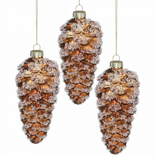 Floristik24 Pinhas com neve, decorações de Natal, decorações para árvores de Natal marrom H13cm Ø6cm vidro real 3 unidades