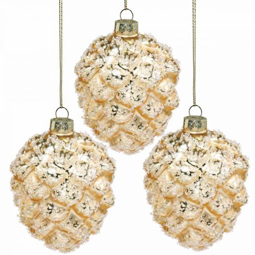 Floristik24 Cones para pendurar, enfeites de árvore, cones decorativos cobertos de neve Dourado A 9,5cm Ø8cm vidro verdadeiro 3uds