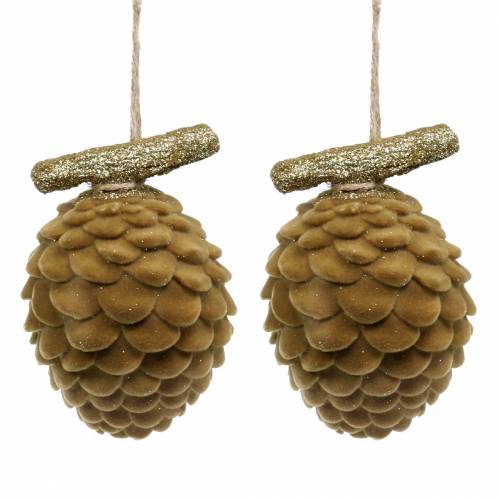 Floristik24 Cones de cabide decorativos flocados em marrom, ouro 9 × 7cm / 8,5 × 6cm 4 unidades