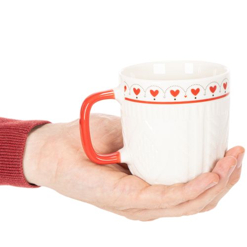 Caneca de café com alça vermelha, padrão tricotado e decoração de coração, cerâmica, 9 cm, 2 peças | Floristik24.pt