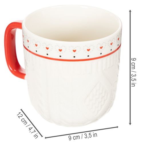 Caneca de café com alça vermelha, padrão tricotado e decoração de coração, cerâmica, 9 cm, 2 peças | Floristik24.pt