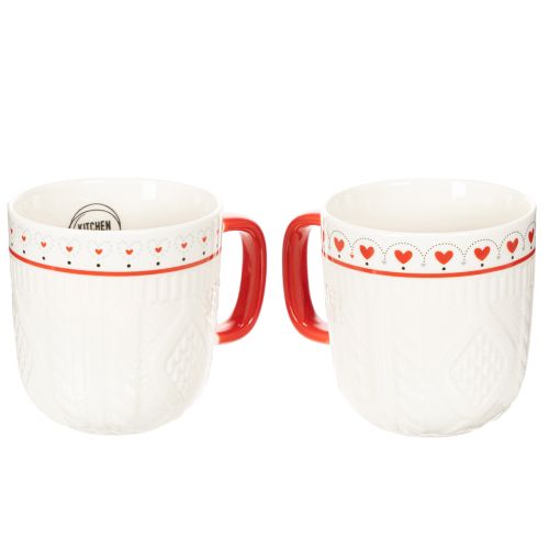 Caneca de café com alça vermelha, padrão tricotado e decoração de coração, cerâmica, 9 cm, 2 peças | Floristik24.pt