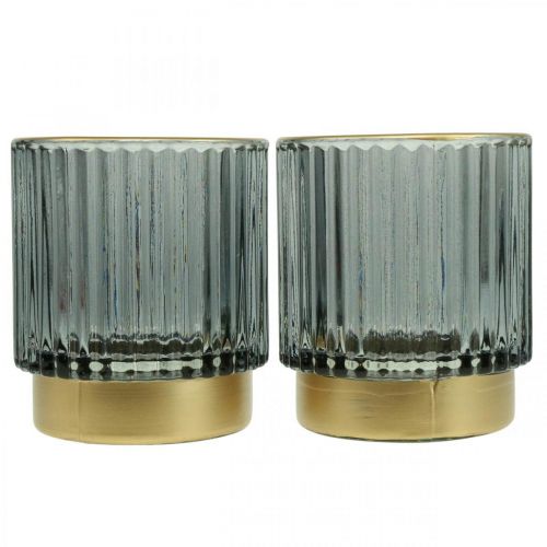Floristik24 Lanterna de vidro com nervuras suporte tealight ouro/cinza H8cm 2uds