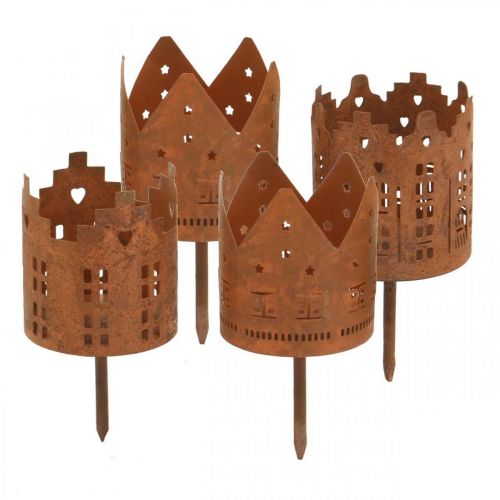 Floristik24 Suporte de luz Tealight house metal enferrujado casinha para furar Ø6,5cm 4pcs