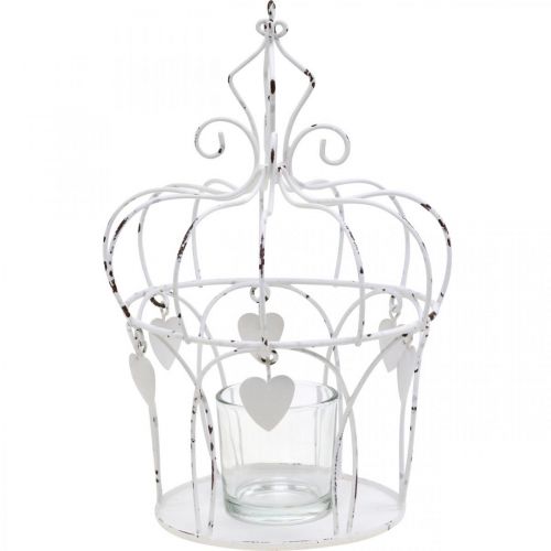 Porta velas coroa com corações shabby chic branco Ø14cm A22cm