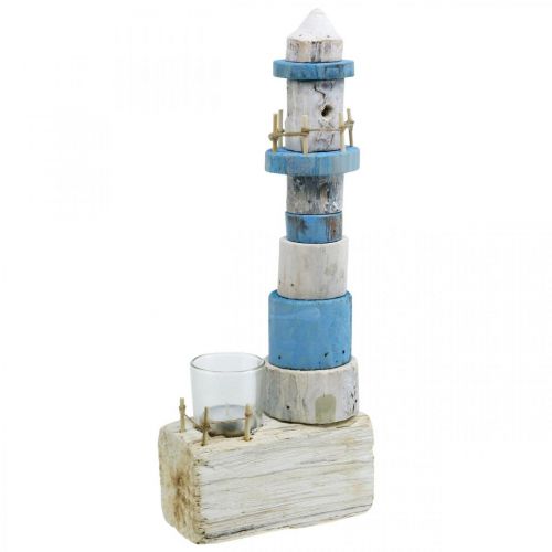 Farol de madeira com luz de chá vidro decoração marítima azul, branco H38cm