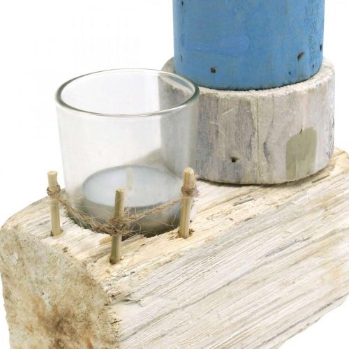 Itens Farol de madeira com luz de chá vidro decoração marítima azul, branco H38cm