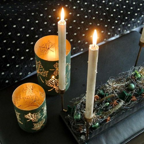 Floristik24 Lanterna de folhas metálicas verdes, douradas H20 / 15 / 10cm conjunto de 3