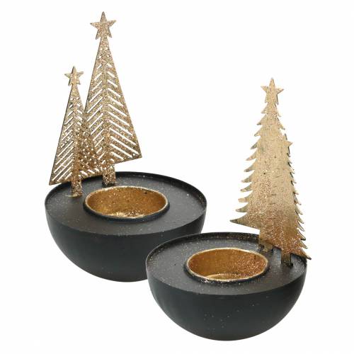 Floristik24 Suporte de luz de chá Natal abeto glitter preto, dourado Ø8.5cm 2pcs