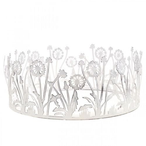 Floristik24 Bandeja decorativa com dentes-de-leão, decoração em metal para primavera branco, prata shabby chic Ø25cm A10,5cm