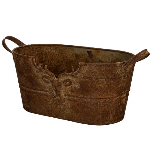Tigela oval de metal com alças, motivo de veado, acabamento enferrujado, 36 cm