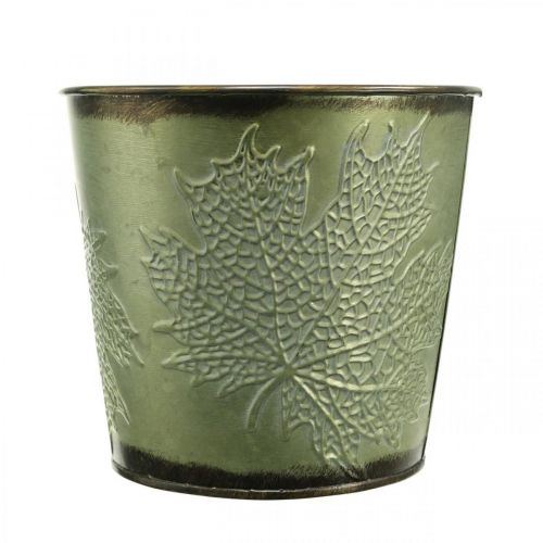 Itens Plantador com decoração de folhas, recipiente de metal para o outono, balde verde para plantas Ø10cm Alt.10cm