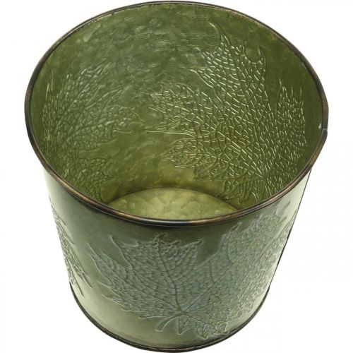 Itens Plantador com decoração de folhas, recipiente de metal para o outono, balde verde para plantas Ø10cm Alt.10cm