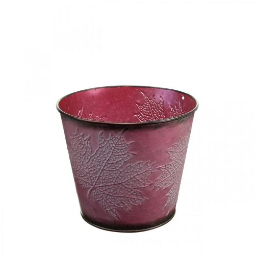 Floristik24 Vaso com decoração de folhas, decoração de outono, plantador de metal vinho tinto Ø16,5 cm A14,5 cm