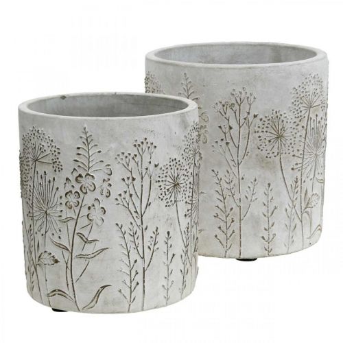 Floristik24 Vaso vaso de flores branco concreto com flores em relevo Ø12,5cm 2 peças