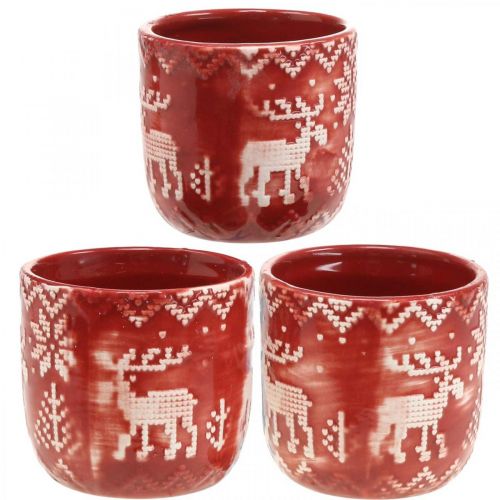 Decoração em cerâmica com renas, decoração do Advento, floreira com padrão norueguês vermelho / branco Ø7,5cm Alt.7cm 6 unidades