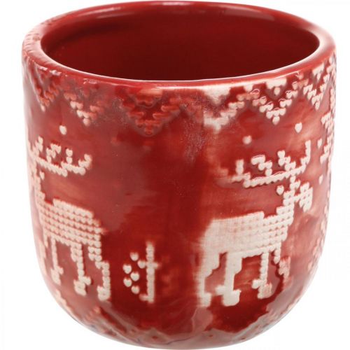Floristik24 Decoração em cerâmica com renas, decoração do Advento, floreira com padrão norueguês vermelho / branco Ø7,5cm Alt.7cm 6 unidades