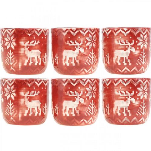 Floristik24 Decoração em cerâmica com renas, decoração do Advento, floreira com padrão norueguês vermelho / branco Ø7,5cm Alt.7cm 6 unidades