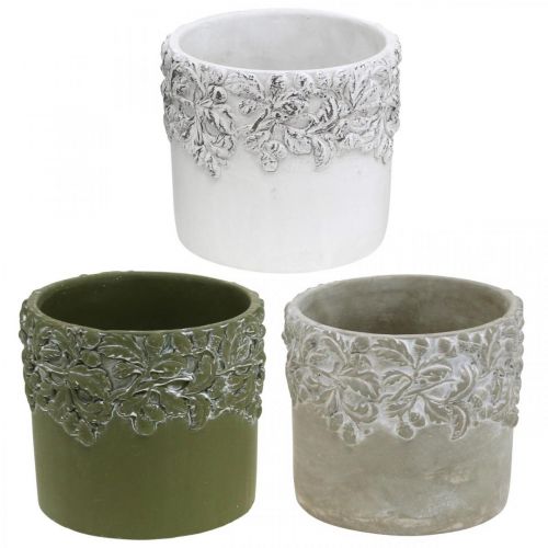 Floristik24 Vaso de cerâmica, vaso de flores com decoração em carvalho, vaso para plantas verde / branco / cinza Ø13cm A11,5cm conjunto de 3