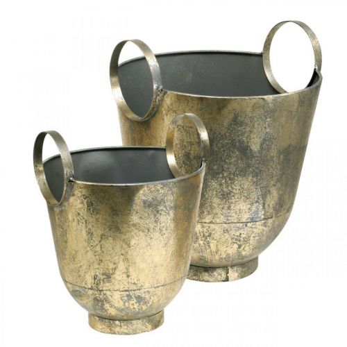 Floristik24 Vaso antigo com alças Pote decorativo de metal Ø31 / 25cm, conjunto de 2