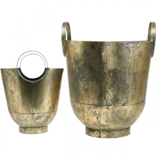 Floristik24 Vaso antigo com alças Pote decorativo de metal Ø31 / 25cm, conjunto de 2