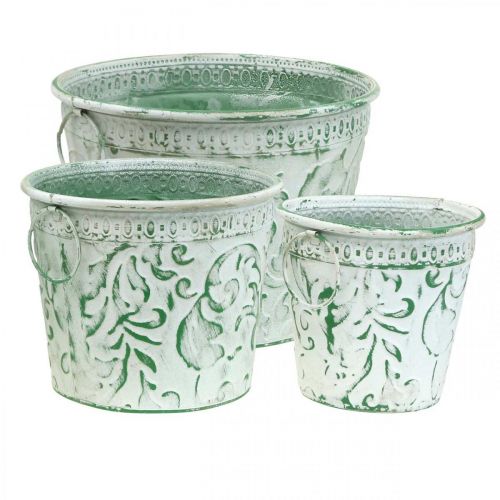 Itens Vasos de metal com pegas, floreiras com relevo branco, verde shabby chic H20.5/18.5/16cm Ø25.5/20.5/15.5cm conjunto de 3