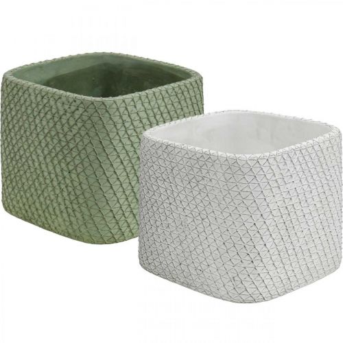 Floristik24 Plantador de cerâmica branco verde relevo malha 17x17cm H15cm 2pcs