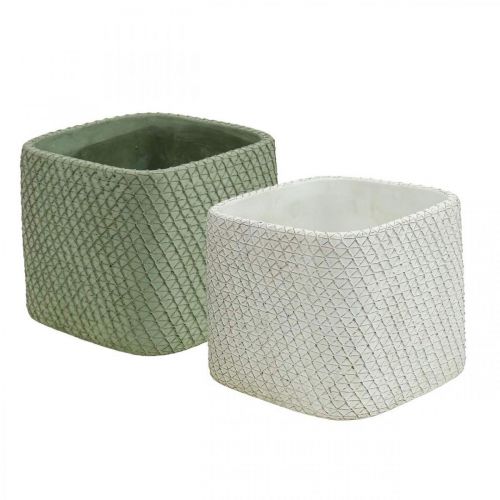 Floristik24 Plantador de cerâmica branca verde malha de relevo 13,5x13,5cm H13cm 2pcs