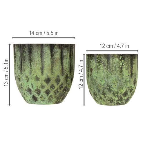 Itens Vaso de flores vintage em metal, verde, Ø14/12cm, conjunto de 2