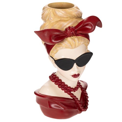 Vaso em forma de cabeça de mulher com óculos de sol e colar de pérolas, 30 cm