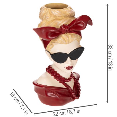 Vaso em forma de cabeça de mulher com óculos de sol e colar de pérolas, 30 cm | Floristik24.pt