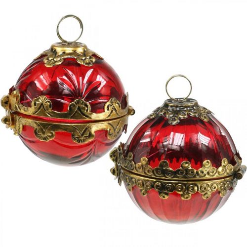 Bola de Natal vintage para abrir vidro vermelho dourado Ø8cm conjunto de 2