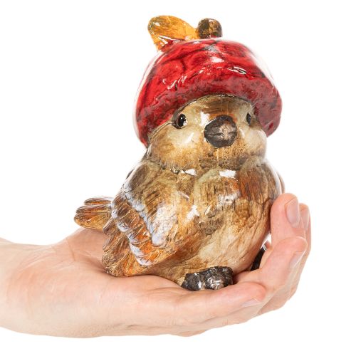 Estatueta decorativa de pássaro com chapéu em forma de maçã vermelha, decoração de outono, 13 cm | Floristik24.pt