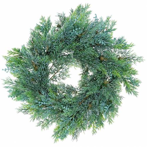 Coroa de zimbro artificial com cones e bagas verdes 48cm