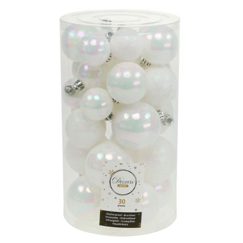 Floristik24 Bola de Natal branca iridescente Ø3,5cm - Ø5,5cm 30pcs