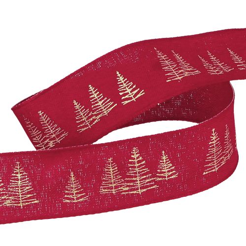 Floristik24 Fita decorativa de Natal em vermelho com motivos dourados de árvores de Natal, largura 25mm, comprimento 15m