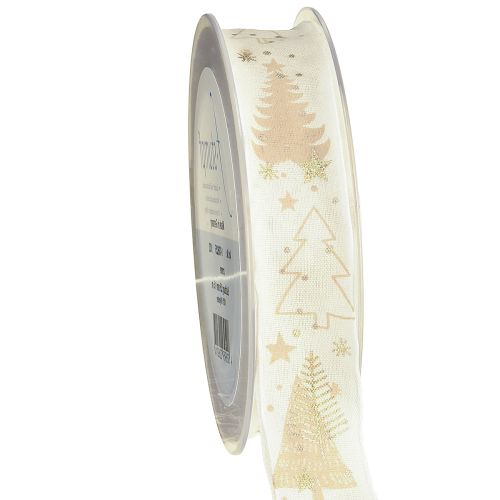 Fita de Natal creme dourado pinheiros 25mm 15m