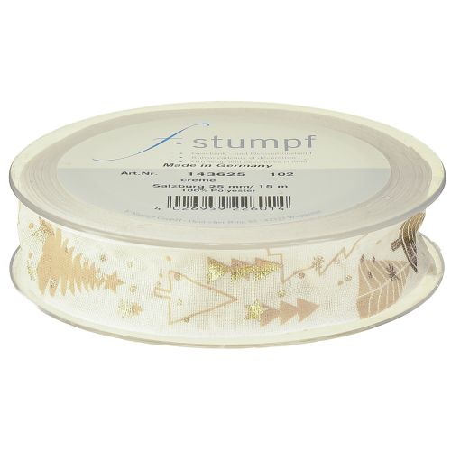 Itens Fita de Natal creme dourado pinheiros 25mm 15m