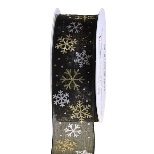 Floristik24 Fita de natal flocos de neve de organza ouro preto 40mm 15m